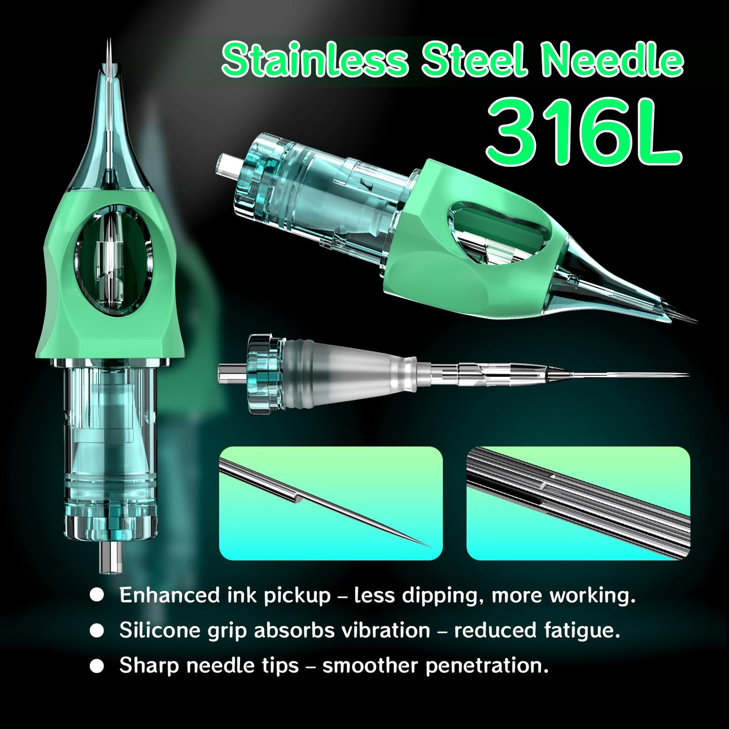 50pcs Mixed Tattoo Cartridge Needles, ATOMUS Assorted Disposable Tattoo Needle 3RL 5RL 7RL 9RL 3RS 5RS 7RS 9RS 5M1 7M1 for Tattoo Machine (Green)