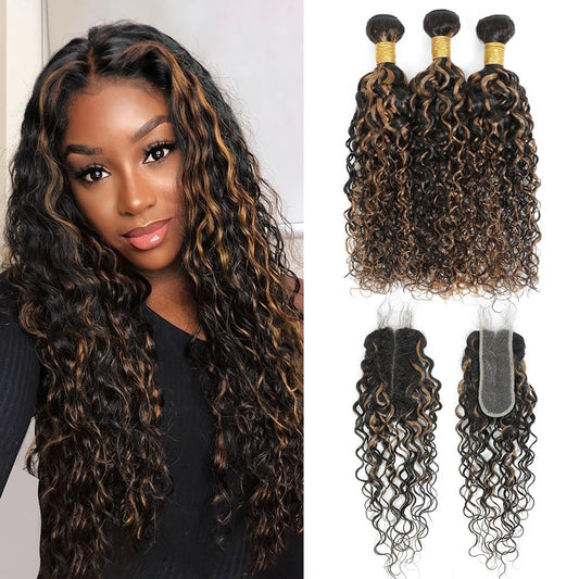Water Wave 1B/Burgundy Red Highlight Skunk Stripe Human Hair Bundle 12 Inch