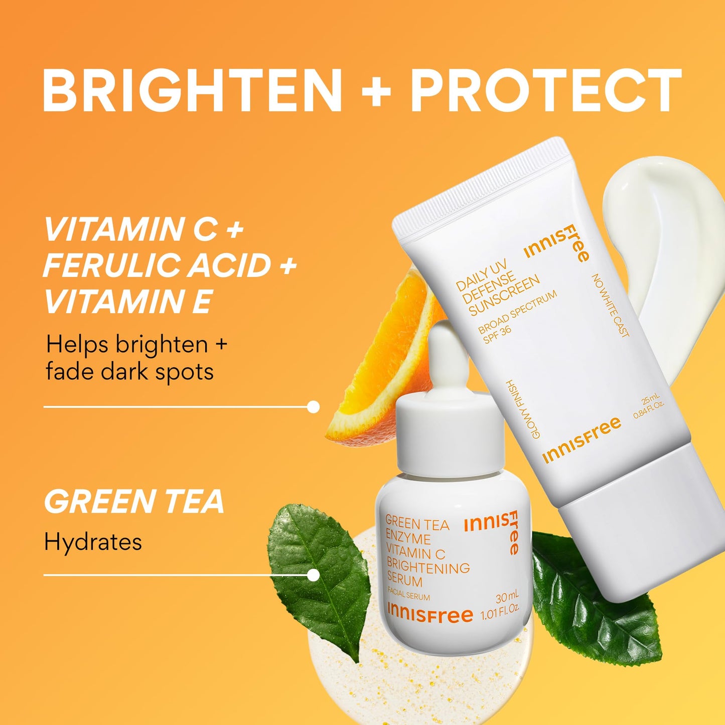 Innisfree Brighten + Protect Set | Korean Skincare Set with Lightweight Broad Spectrum SPF 36 and Brightening Vitamin C Serum for Glow and Dark Spots