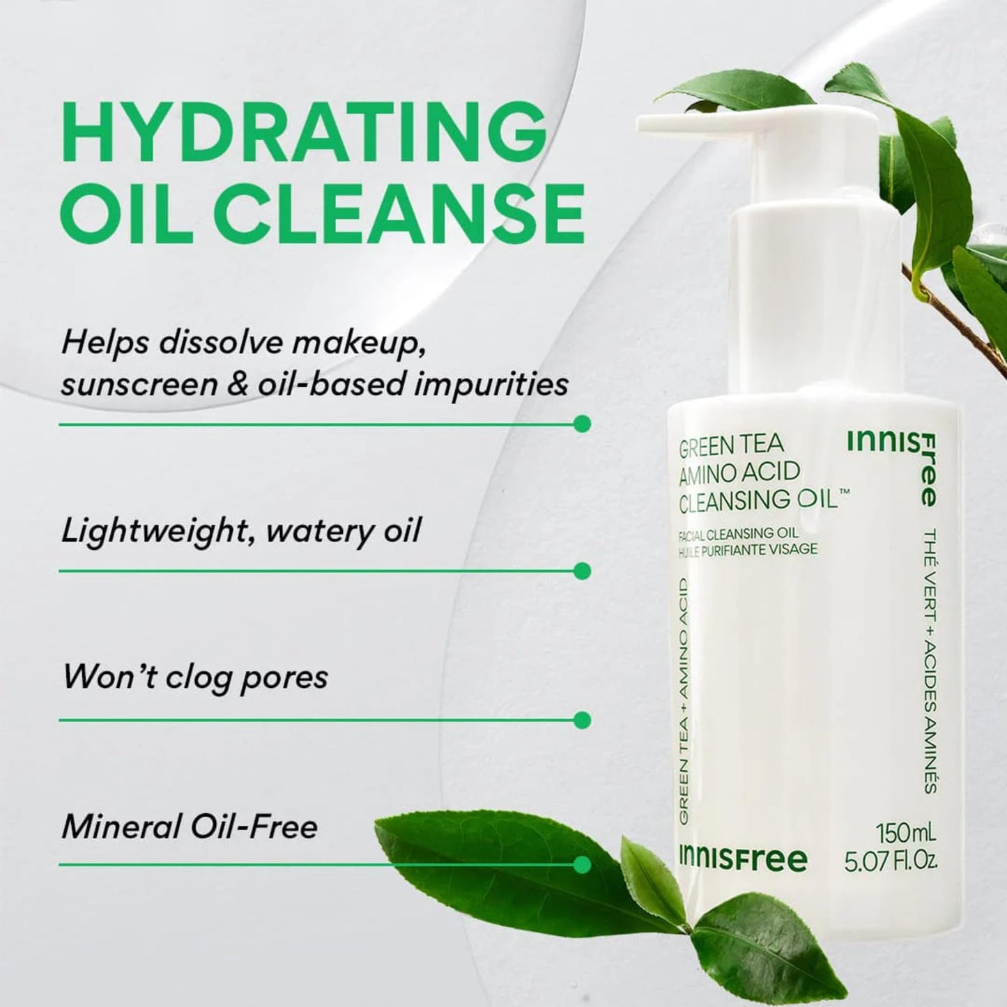 innisfree Green Tea Double Cleanse + Hydrate Trio | Korean Skincare Set with Hydrating Cleansing Oil, Face Wash, and Moisturizer | Gentle Lather | Sulfate-Free | Available in Gift Sets