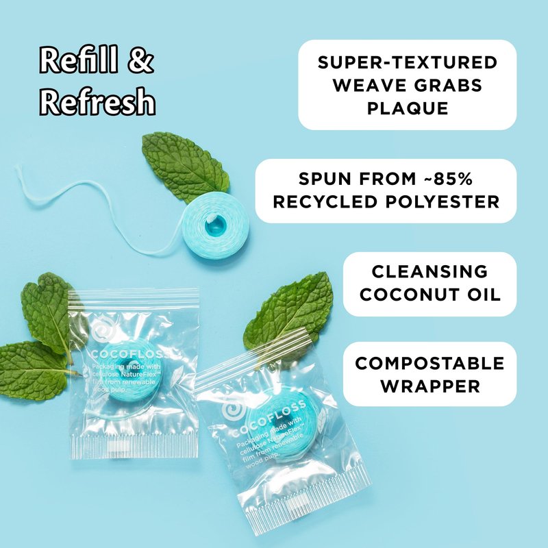 Cocofloss Expanding Woven Dental Floss Refill by Cocolab, Waxed Tooth Floss for Daily Oral Care, Coconut Oil Infused, Vegan, for Adults and Kids, Mint Scent, 3 Pack Refills