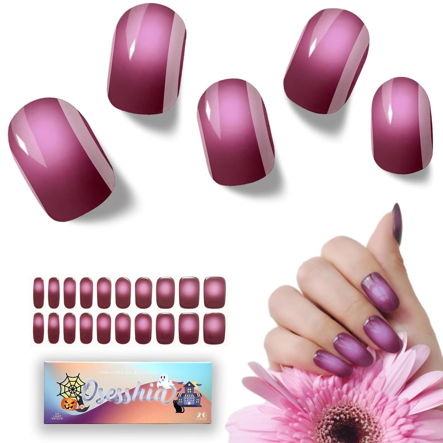 Semi Cured Gel Nail Strip Starter Kit - 60 Nail Stickers, UV Lamp & Tools for Salon Quality Christmas Nails