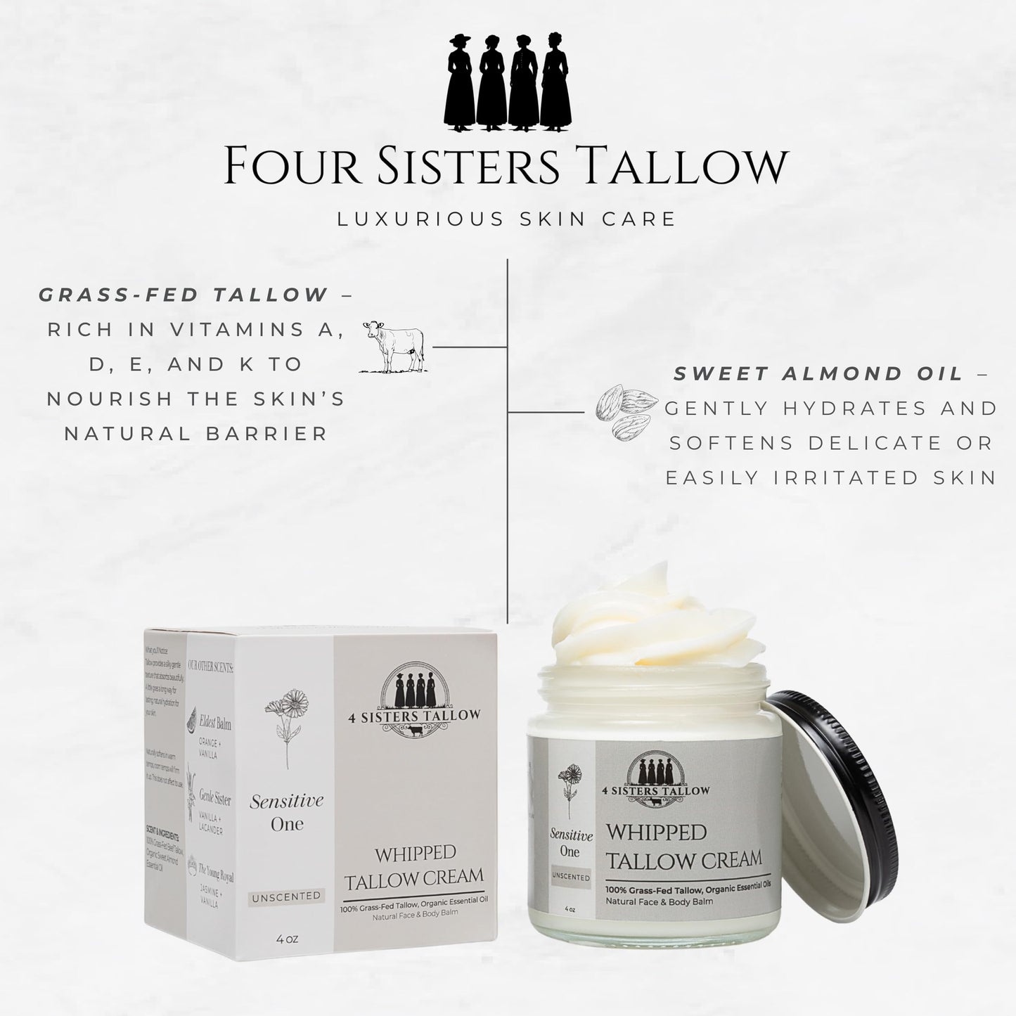 100% Grass Fed Beef Tallow For Face & Skin - All Natural Tallow Face Cream - Whipped Moisturizer Lotion - Made in USA - 100% Organic Essential Oils - Lrg 4 Fl Oz - For Sensitive Skin - (Unscented)