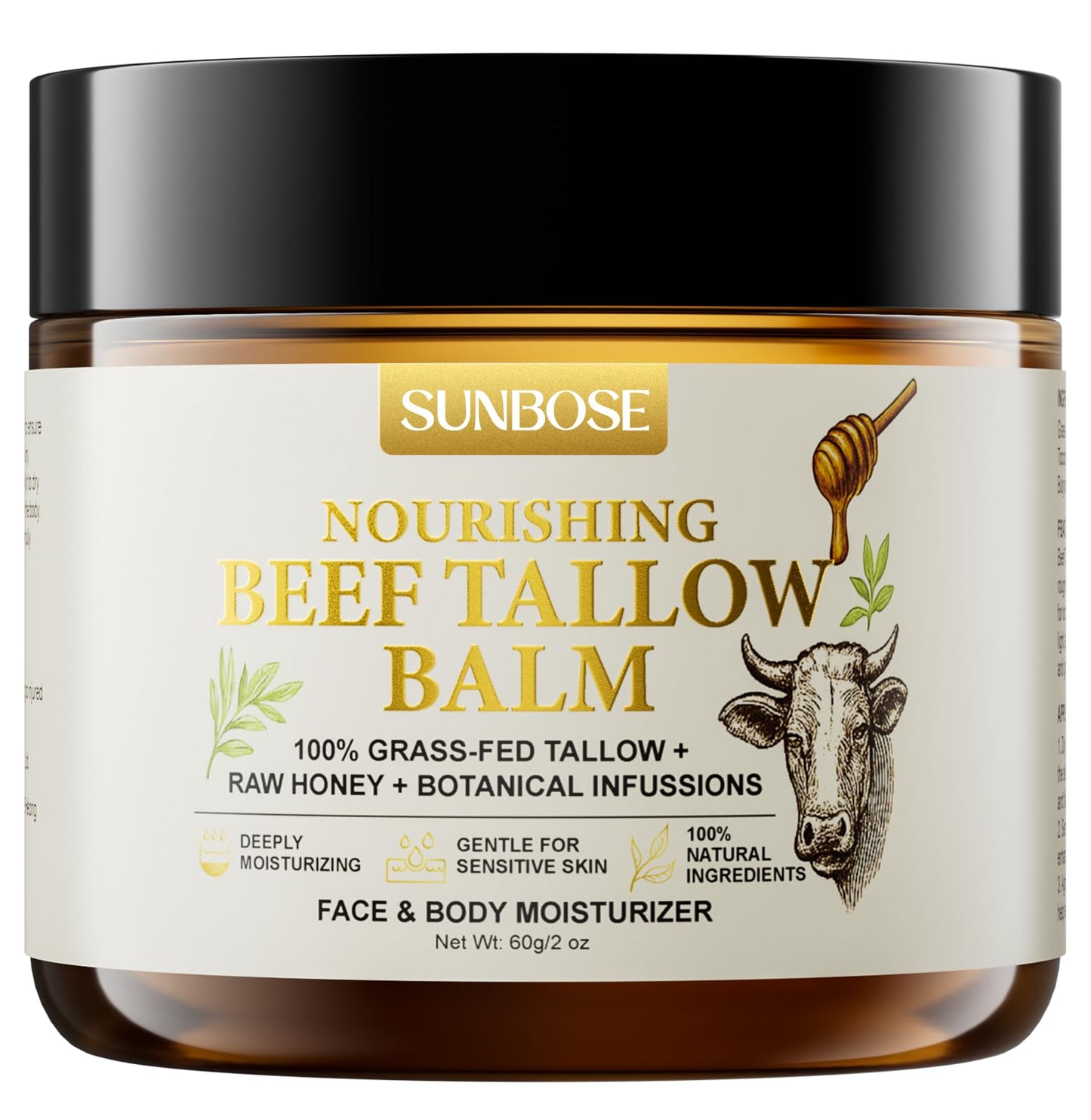 Sunbose Beef Tallow Balm for Skin: Grass-Fed With Honey & Beeswax - Non-Greasy Moisturizing - For Sensitive Moms with Babies in Daily Moisturizer - Skin Care for Dry Skin - Light Scent - 2oz