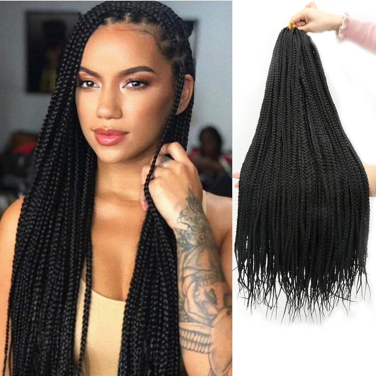 Box Braids Crochet Hair - 24 Inch Pre-Looped Synthetic Extensions | 6 Bundles for Black Women - Medium Knotless, Black 1B