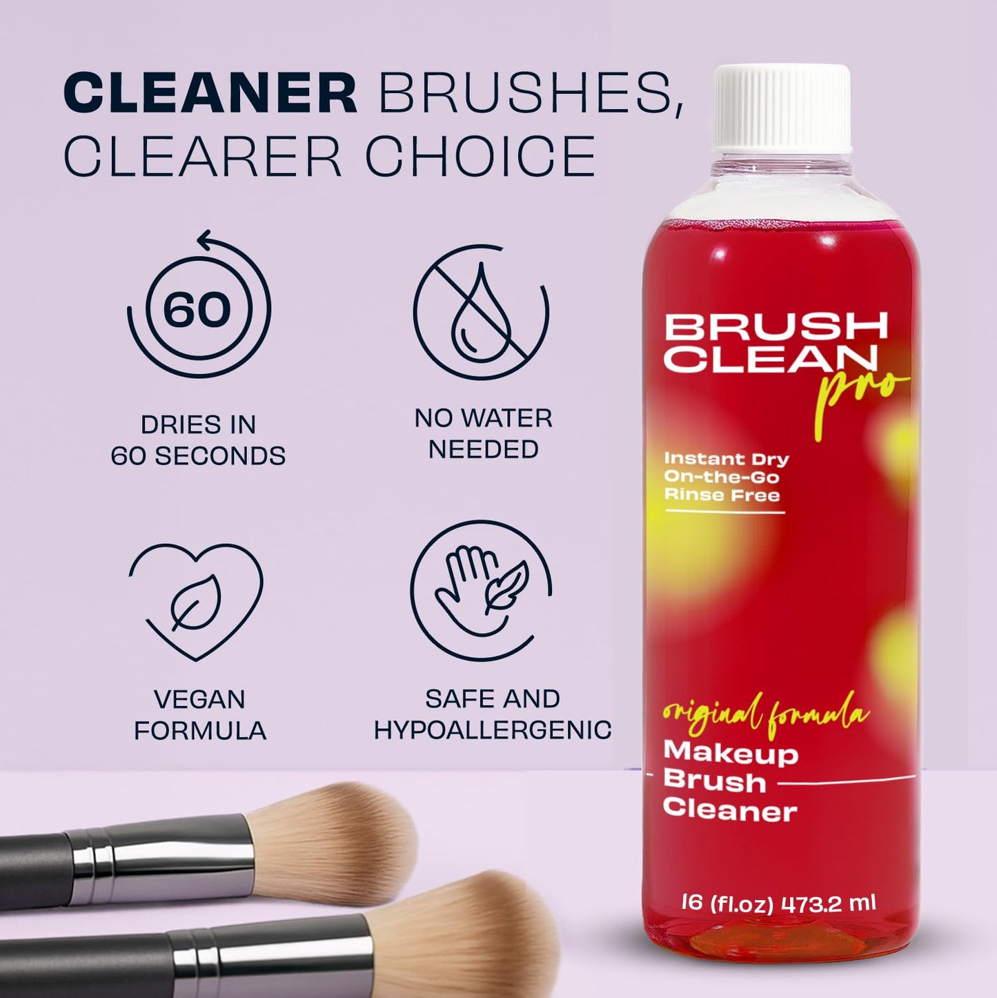 Original Rose Makeup Brush Cleaner - Professional Cleanser for Makeup Brushes - Quick-Drying, Rinse-Free Formula - Removes Stubborn Waterproof Make Up, 16 oz