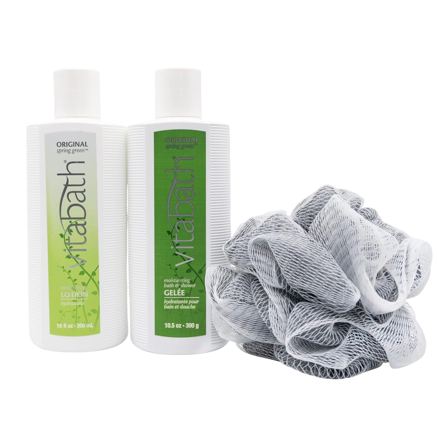 Vitabath | Original Spring Green Skincare Set - Moisturizing Shower Gel, Reviving Lotion & Exfoliating Pouf for Men & Women