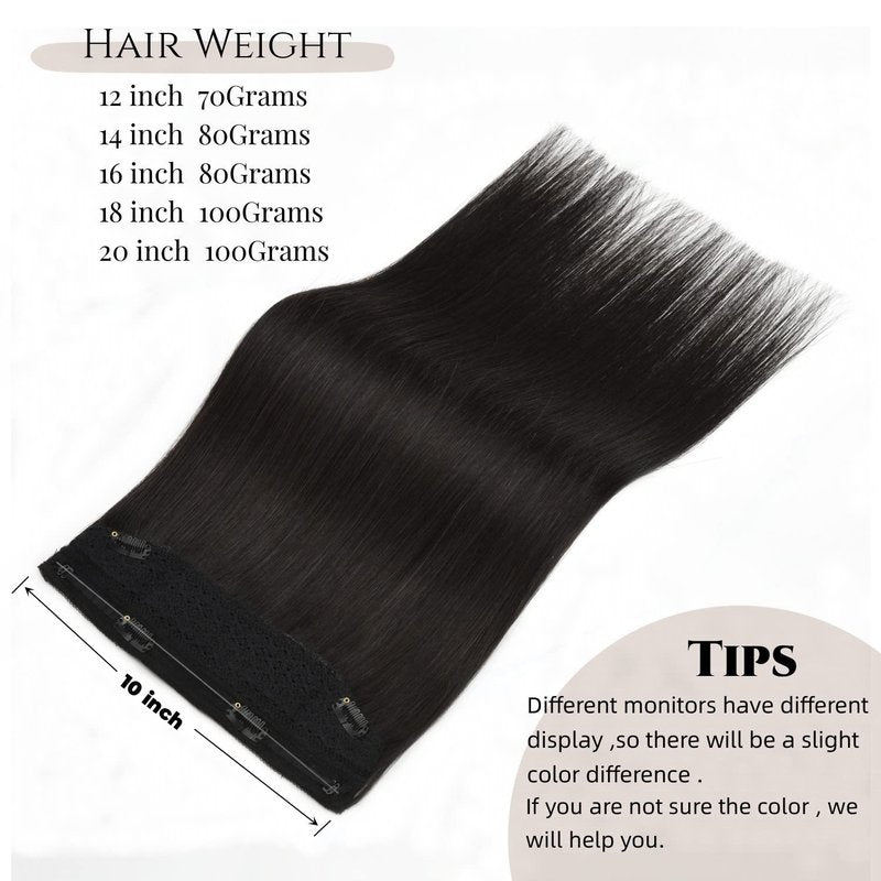 Invisible Fish Line Hair Extensions - 18 Inch Natural Black Human Hair Piece | 100g Lightweight Wire Extensions