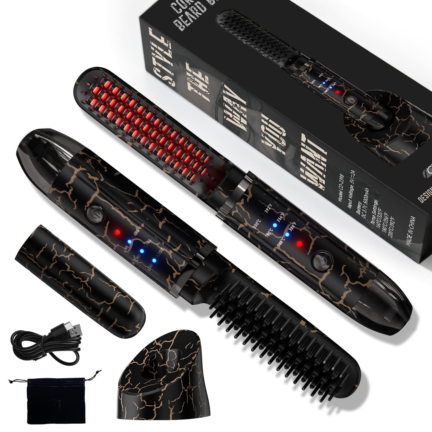 Beard Straightener for Men, Cordless Beard Heated Brush and Hair Straightener Hot Comb with 3 Temp Settings, Anti-Scald, Ionic Technology for Home Travel