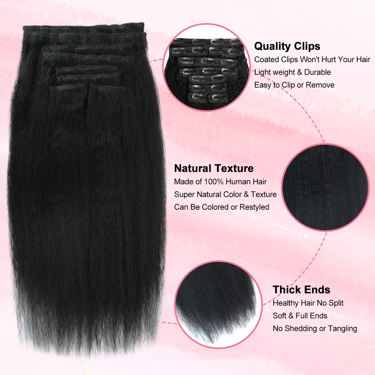 Kinky Straight Clip in Hair Extensions Real Human Hair 110g 8pcs Yaki Straight Clip Ins Hair Extensions For Women Natural Black Full Head Brazilian Remy Hair Double Weft 20 Clips