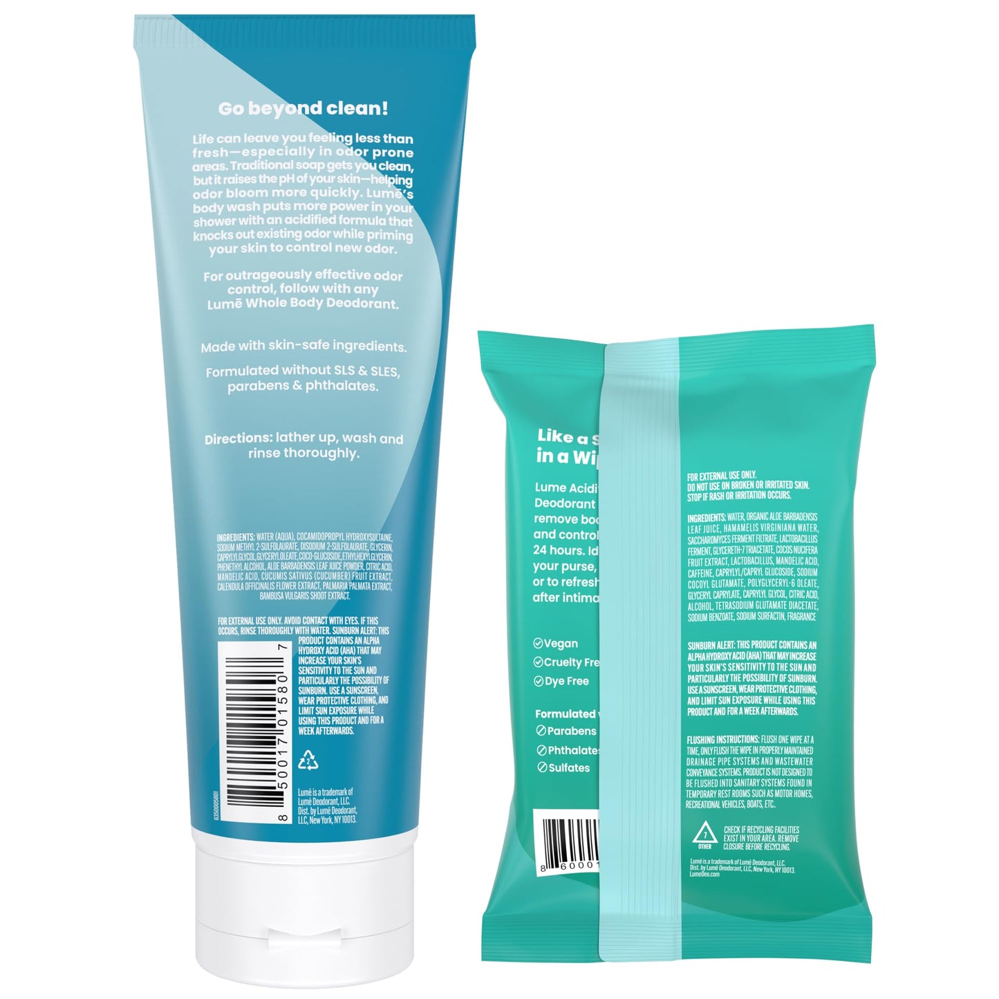 Lume Whole Body Deodorant - Invisible Cream Tube (Unscented) and Lume Acidified Deodorant Wipes (Cool Cucumber) - 24 Hour Odor Control - Aluminum Free, Baking Soda Free, Skin Loving