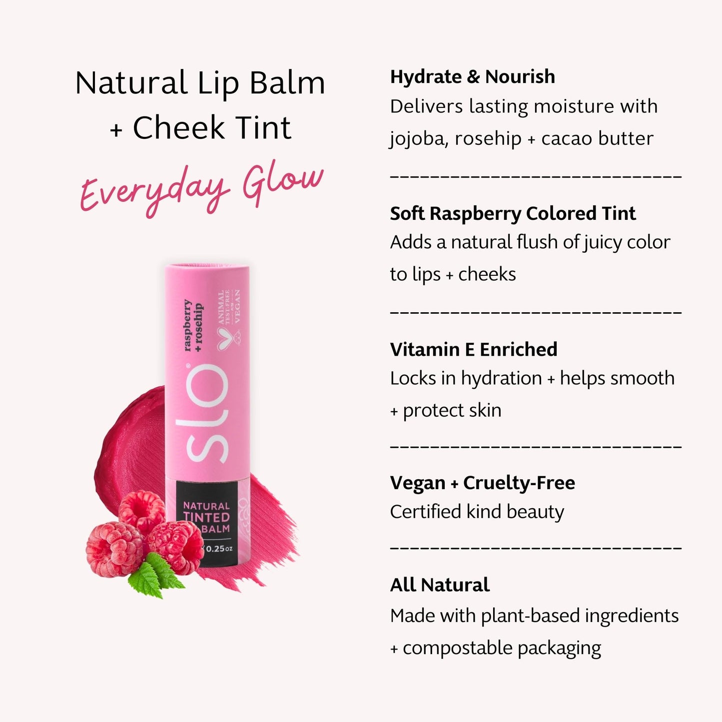 Slo 3-Pack Hydrating Lip Balm - Multi-Use, All Natural Lip Balm and Cheek Tint with Organic Jojoba, Rosehip, Cocoa Butter - Vegan, Cruelty-Free, Paper Packaging - Raspberry + Rosehip (3x0.28oz/8g)