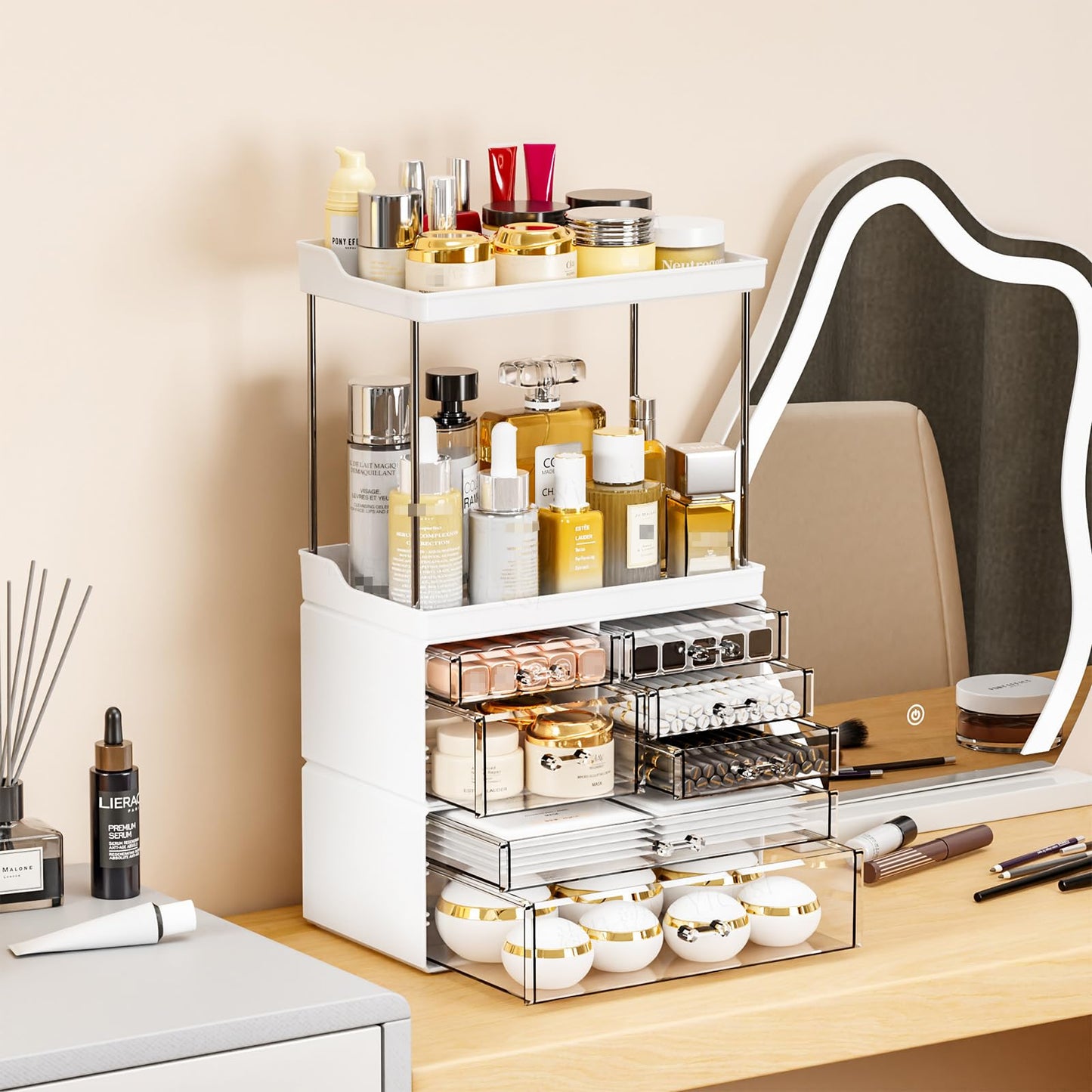 Yieach Acrylic Makeup Organizer Countertop,Large Skincare Organizer for Dresser Top,Plastic Bathroom Counter Organizers and Storage for Beauty,Cosmetic,Hair Products,Lotion and Perfume Organizer,Black