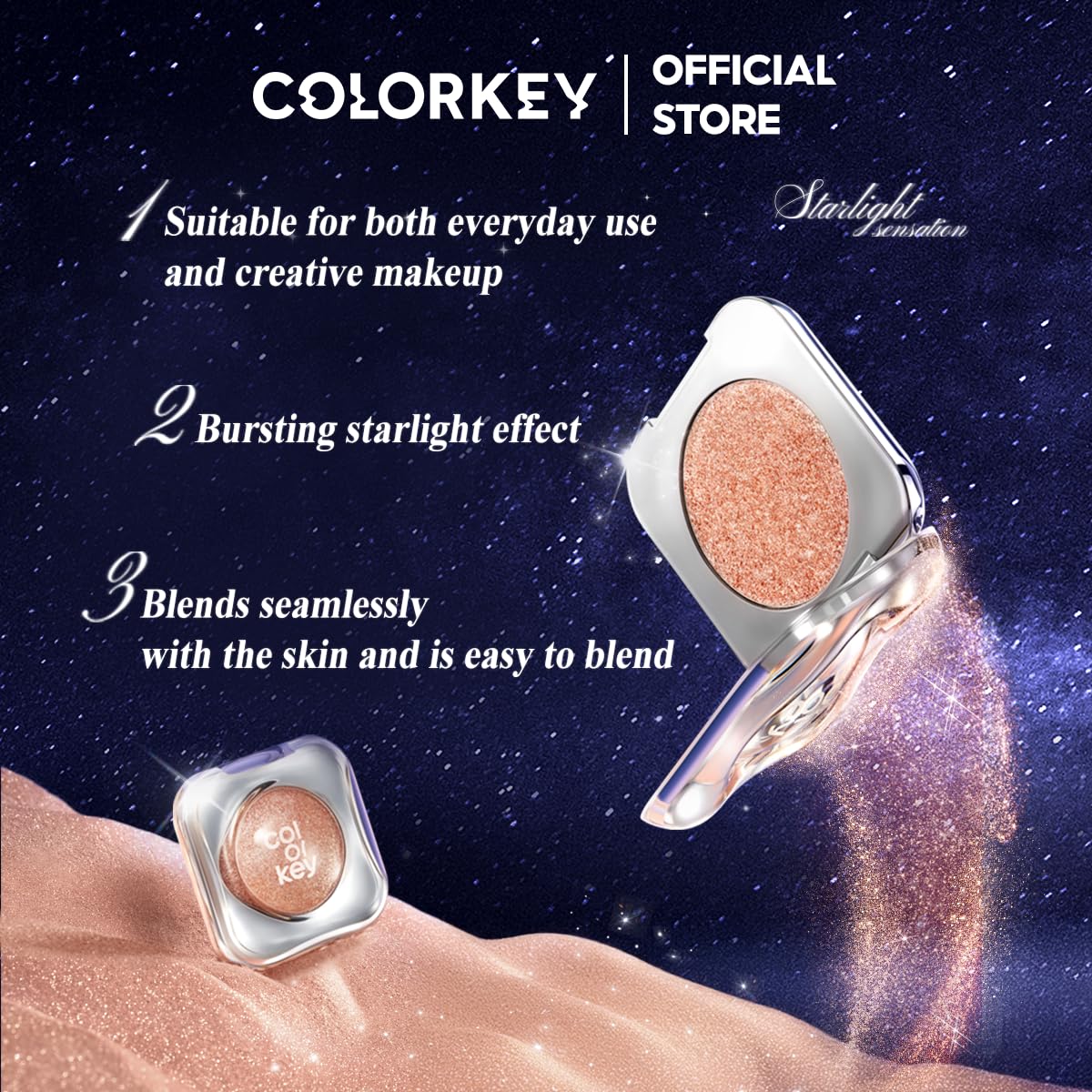 COLORKEY Stardust Diamond Mono Eyeshadow, High-Pigment Single Eye Shadow with Diamond Sparkle, Long-Lasting, Waterproof, Smudge-Proof, Multi-Dimensional Shine, Enhances Eye Contour (S03)