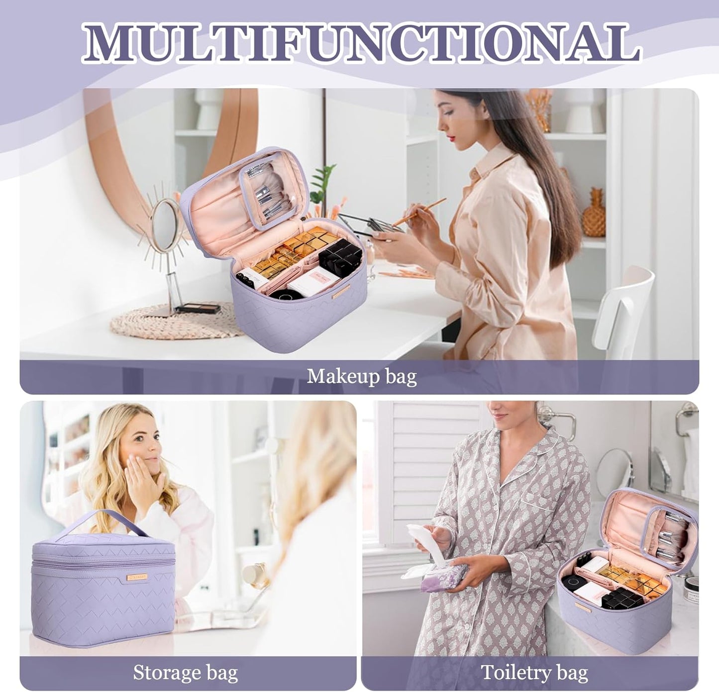 Makeup Bag - Large Capacity Travel Cosmetic Organizer | Waterproof PU Leather - 11.81 x 6.7 x 7.09 Inch (Purple)