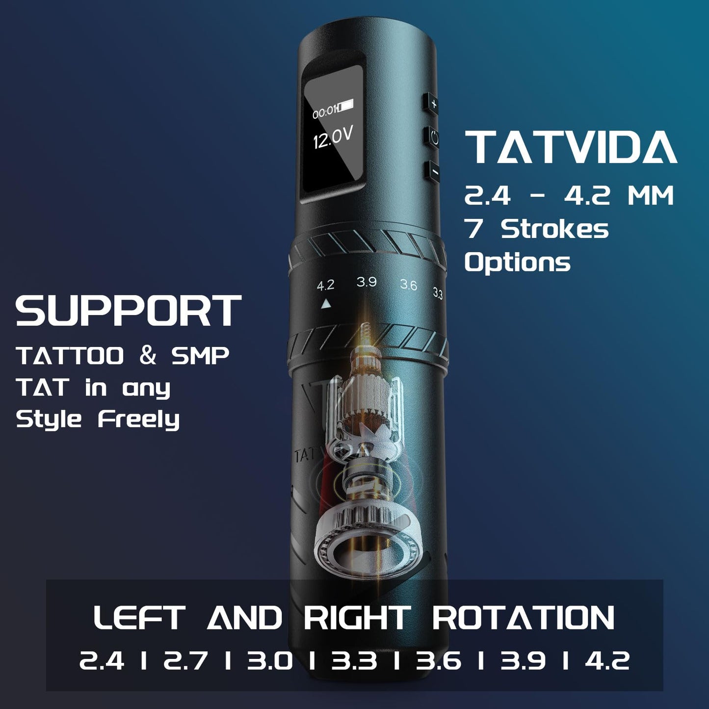 Tattoo Gun portable tattoo machine, 2400mAh Rotary Tattoo Machine with 7 stroke length Options, Pro Tattoo Guns with Motor Power reliable for all kinds of needles, ink (One Battery)
