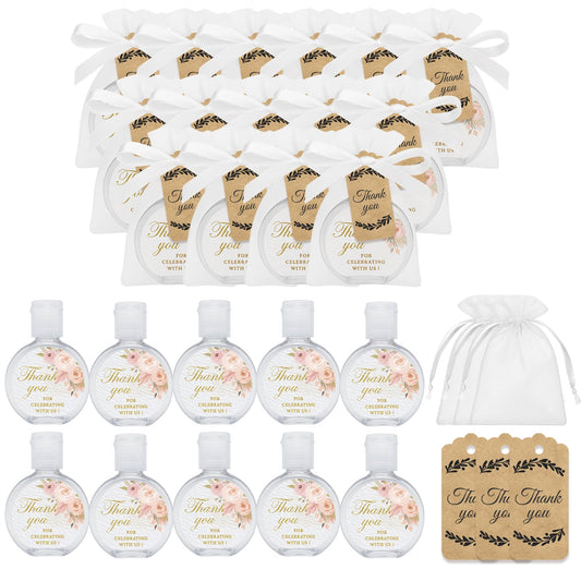 36 Set Wedding Hand Sanitizer Bottles Empty Favors Bulk - 1.7oz/50ML Mini Empty Bottles with Thank You Labels, Tags And Organza Bags - Elegant DIY Guest Gifts For Weddings & Bridal Showers (Pink)