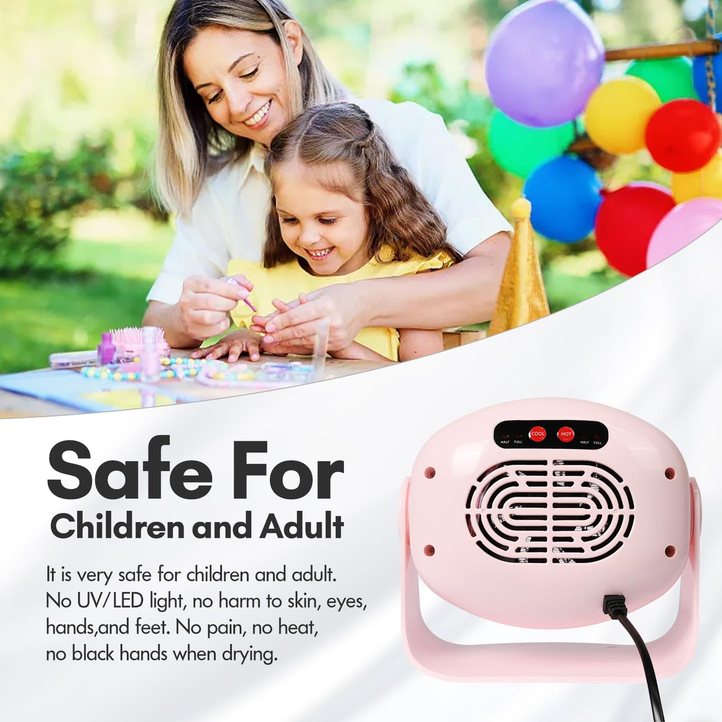 Rotatable Air Nail Dryer, 600W Warm & Cool Wind Blower Dryer for Regular Nail Polish, Multifunctional Nail Polish Fan Blow Dryer for Both Hands and Feet, Home and Salon Use No Harmful (Pink)