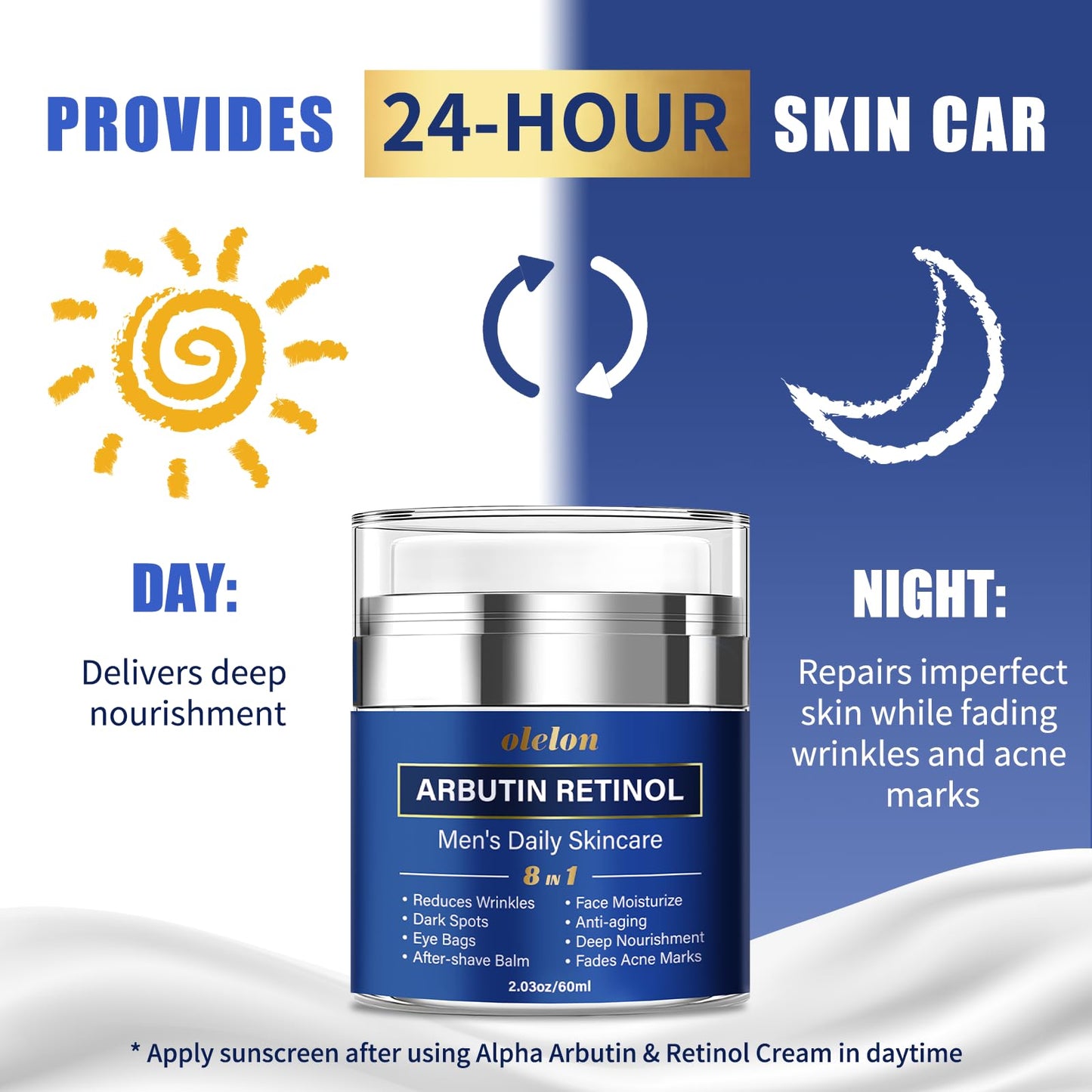 8-in-1 Face Cream for Men, mens face moisturizer with Alpha Arbutin, Retinol, Collagen and Hyaluronic Acid, Anti-Aging Face Cream for Men, Eye Bags Treatment & Wrinkle Cream 2.03oz