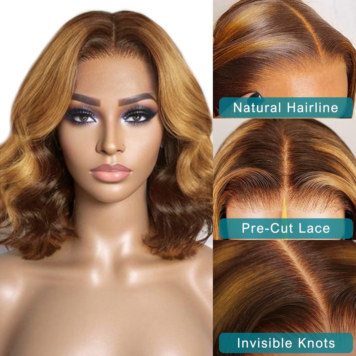 FUTGK 10inch Ombre Bob Wig Human Hair Glueless Body Wave Bob Wig Pre Cut 7x5 HD Lace Frontal Bob Wig Human Hair Pre Plucked 4/27 Ombre Honey Blonde Glueless Wig Pre Plucked Short Bob Wig for Wome