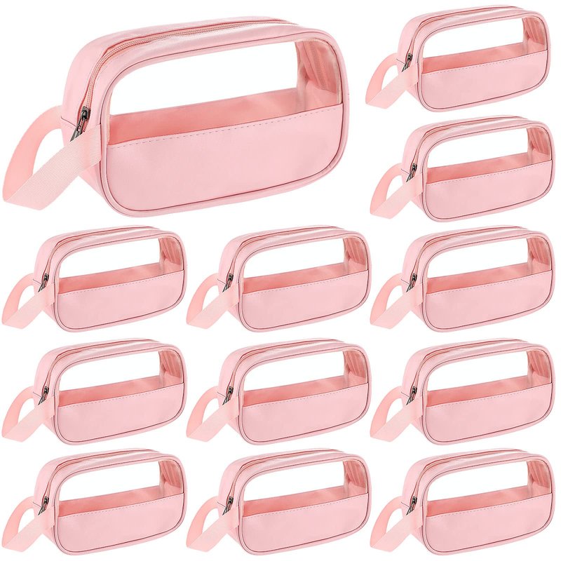 Buryeah 12 Pieces Toiletry Bags Bulk for Women Men Translucent Small Travel Makeup Pouch Portable Waterproof Organizer Set for Accessories Toiletries Gifts for Wedding(Pink)