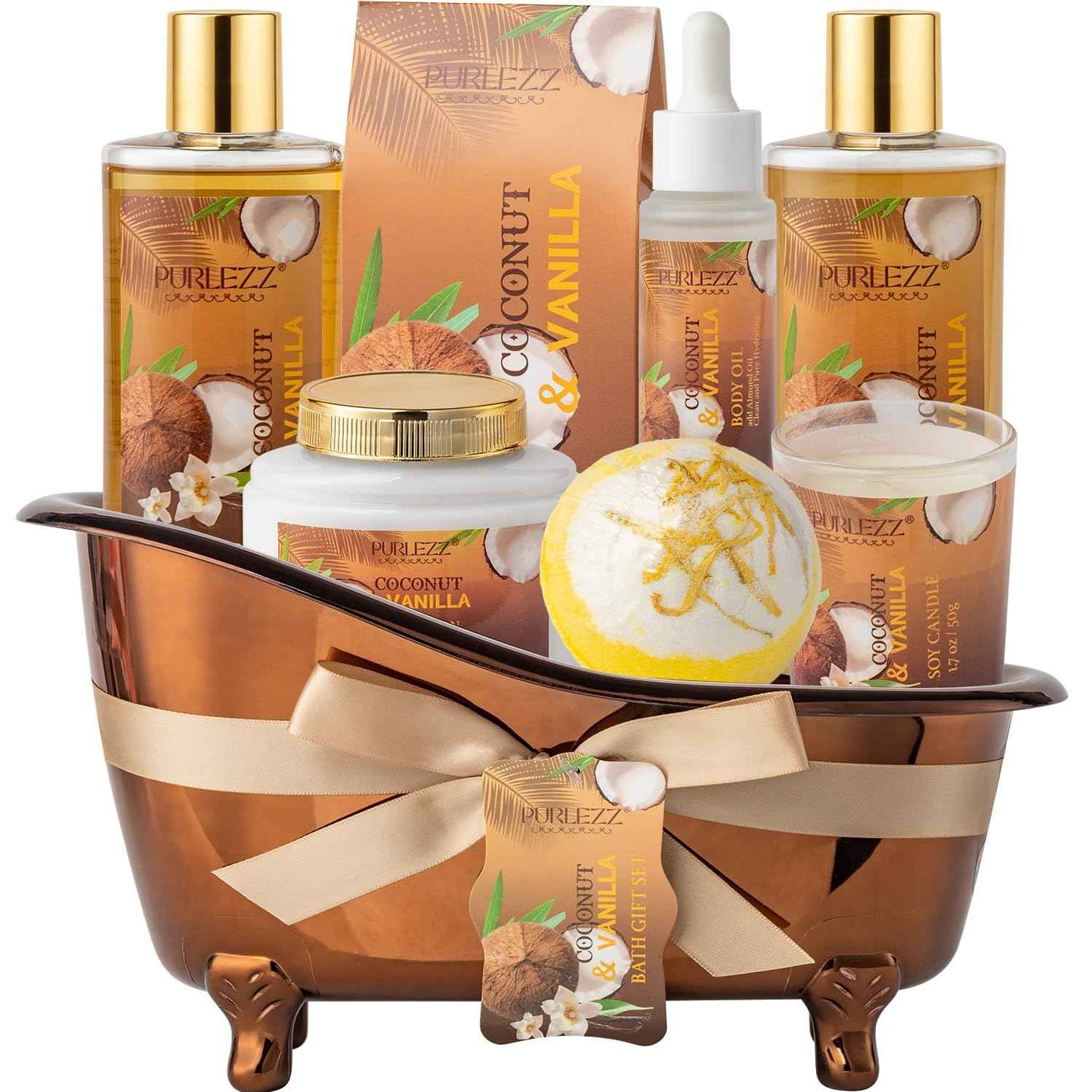 Spa Gift Basket for Women, Coconut & Vanilla Luxury Home Spa Kit, 8pcs Bath Gift Set, Birthday Gift for Women Unique with Bath Bombs, Scented Candle, Body Lotion, Spa Bath Sets for men Gift