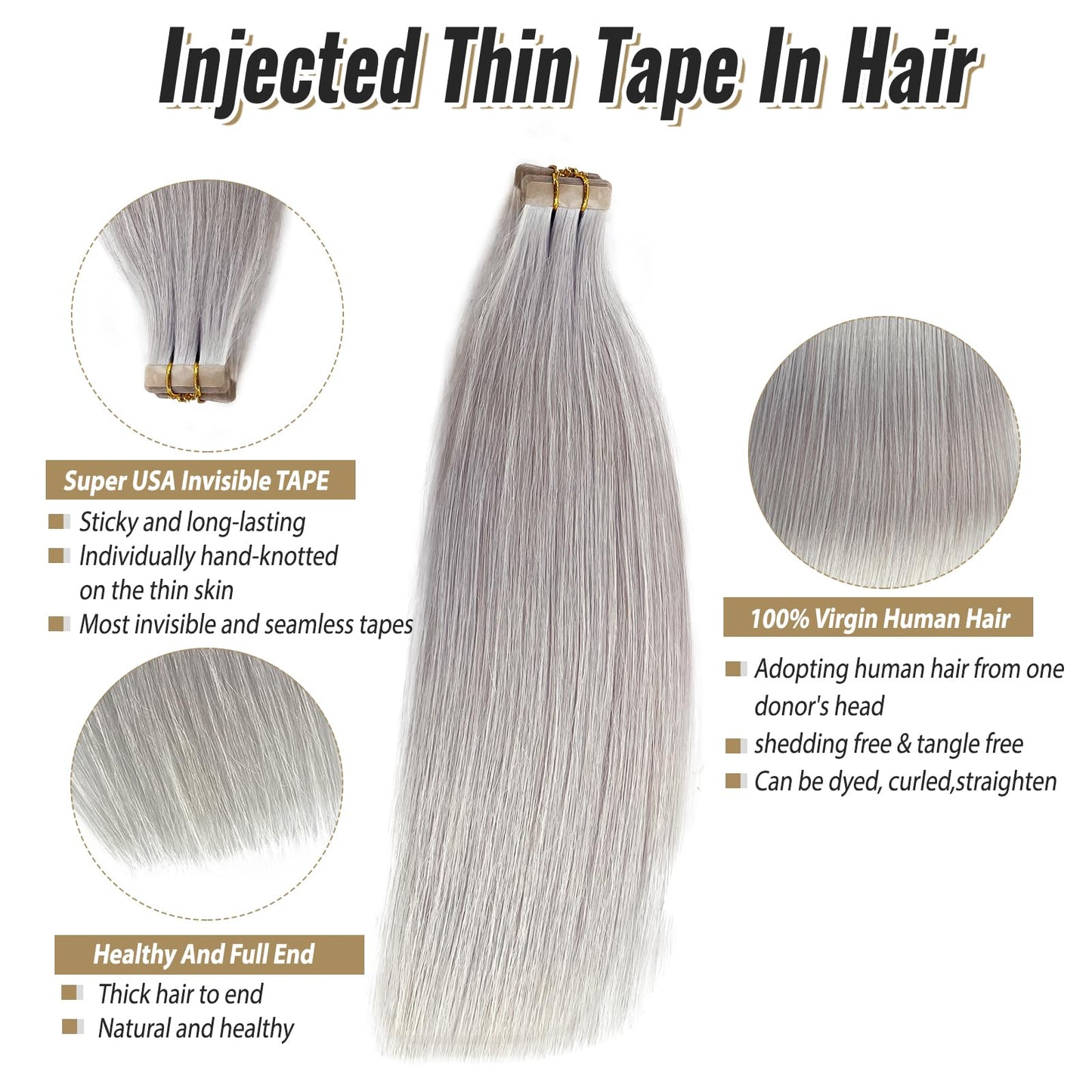 Platinum Silver Invisible Seamless Tape in Hair Extensions Human Hair 16inch Silver Grey Double Sided Pu Hair Extensions Tape ins Human Hair for Women 50g/Pack