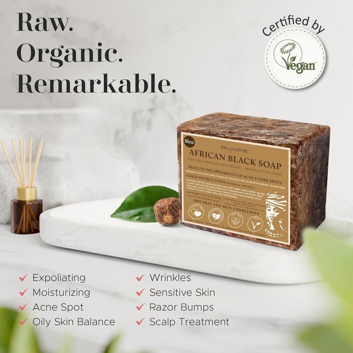 era of nature Best Raw ORGANIC AFRICAN BLACK SOAP, for Dry Skin and Skin Conditions. Pure & Natural Ingredients, Imported From Ghana - 3LB (48oz)