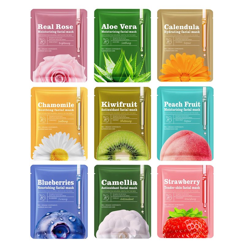 9 PCS Plant and fruit mask,Birthday Party Spa Gifts for Teens Girls,Bulk Collagen Face Mask for Women Skin Care,Facial Mask Skincare Gifts Set,Soothe Face Mask for Spa Party,Hydrate and whiten