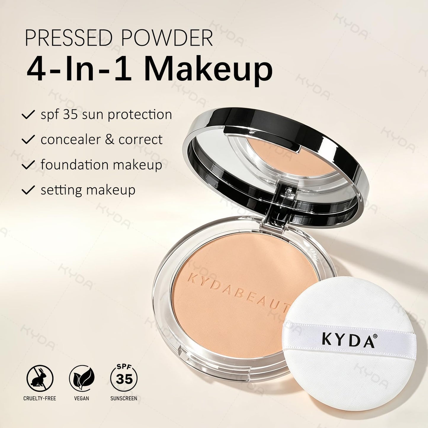 KYDA Mineral Powder, SPF 35, 4-in-1 Mineral Pressed Powder Foundation with Concealer and Setting, Matte Weightless Pressed Foundation, Light to Medium Coverage, #MEDIUM