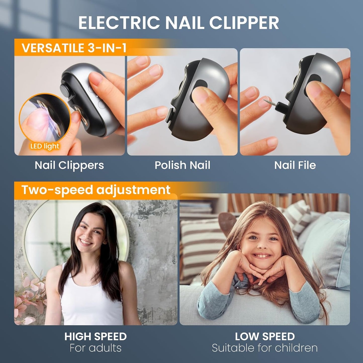 Electric Nail Clipper - 3-in-1 Automatic Fingernail Trimmer & Polisher with LED Light | USB Rechargeable, 2 Speed Gears, Safety Cutter for All Ages (Grey)