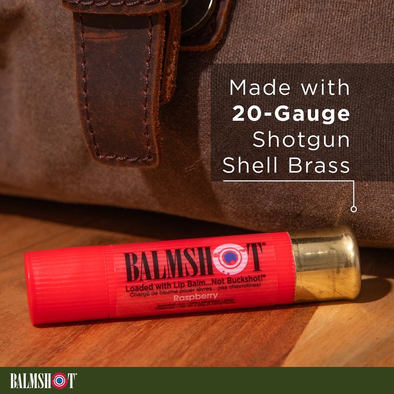 BALMSHOT Raspberry Lip Balm SPF 15 (4-Pack) – Beeswax Chapstick for Dry Chapped Lips, 20-Gauge Brass Shotgun Shell Tube, Heat Resistant, Long Lasting Lip Moisturizer for Men & Women, Made in USA