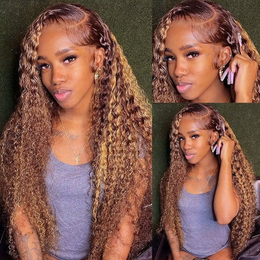 Labamiya P430 Curly Wave Human Hair Wig Highlight Brown Lace Frontal Wigs 28 Inch Human Hair Wig Color P430 Pre Plucked Pre Cut Glueless Wigs Elastic Band 200% Density