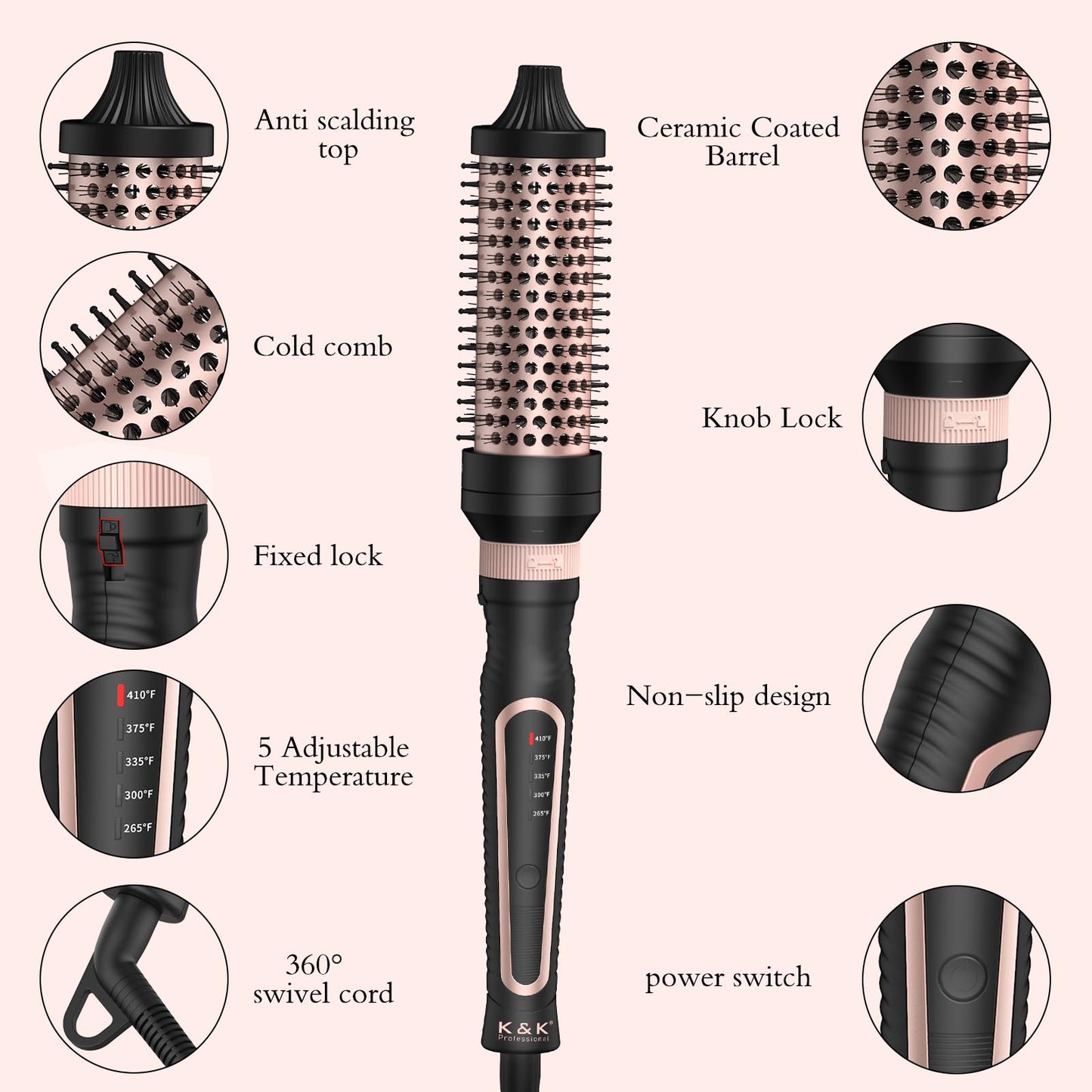 Thermal Brush 3 in 1 Set Ionic Heated Round Curling Create Volume & Smoother Hair Style for Fully Dried Hair Ceramic Fast Heating Curling Iron Brush with Temperature (Black)