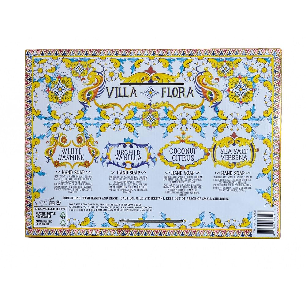Home and Body Company Hand Soap Villa Flora Collection 16 FL/473ml Bottles infused with Essential Oils (SET OF 4) Sea Salt Verbena, Coconut Citrus, Orchid Vanilla, and White Jasmine
