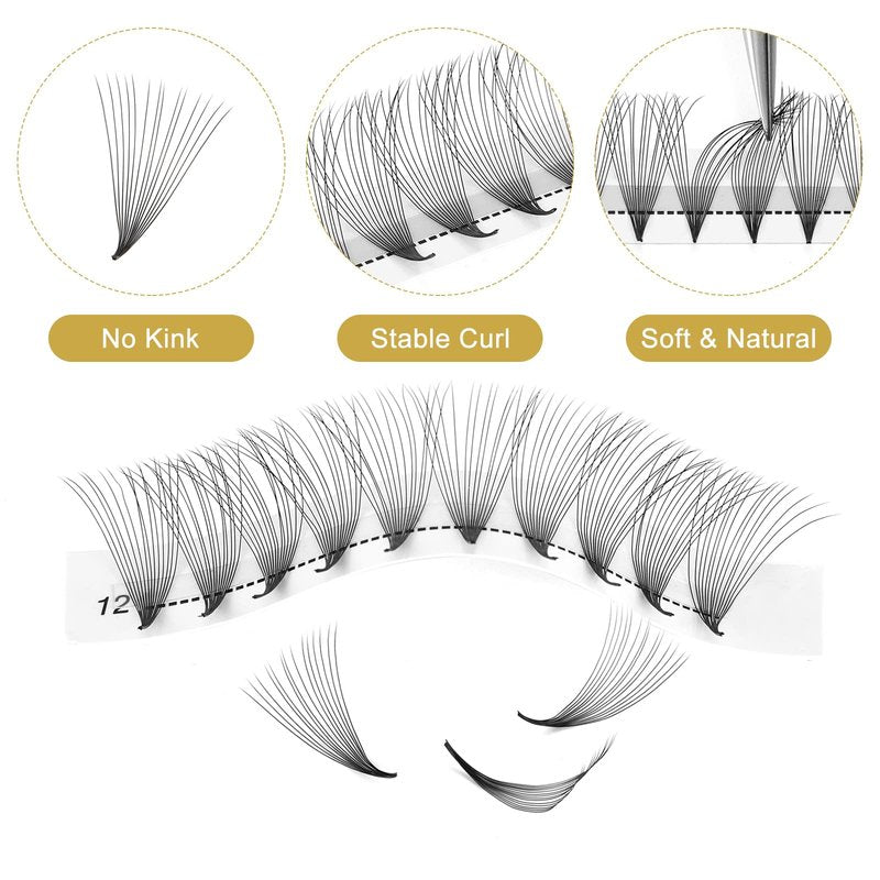 QUEWEL Premade Fans Middle Part 3D ～ 10D 12D 14D | 0.05/0.07/0.10 | Curl C/D | 10-18mm Length | Long Lasting Easy Application Long Stem Russian Volume Eyelash Extensions (14D-0.05C-11)