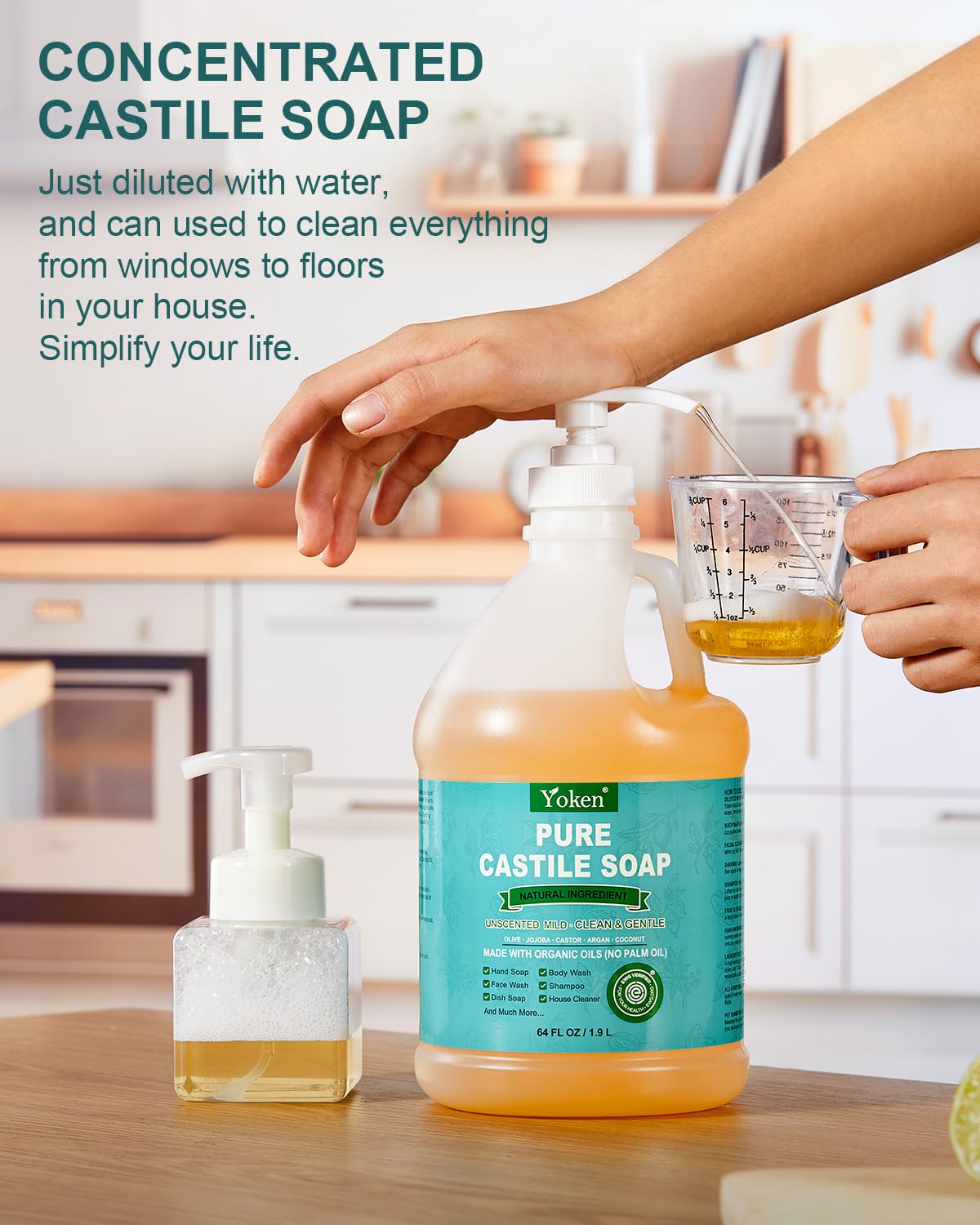 Yoken Organic Castile Soap Liquid - EWG Verified Unscented 64 oz | Gentle, Natural Clean for Body, Face, Dishes & Laundry