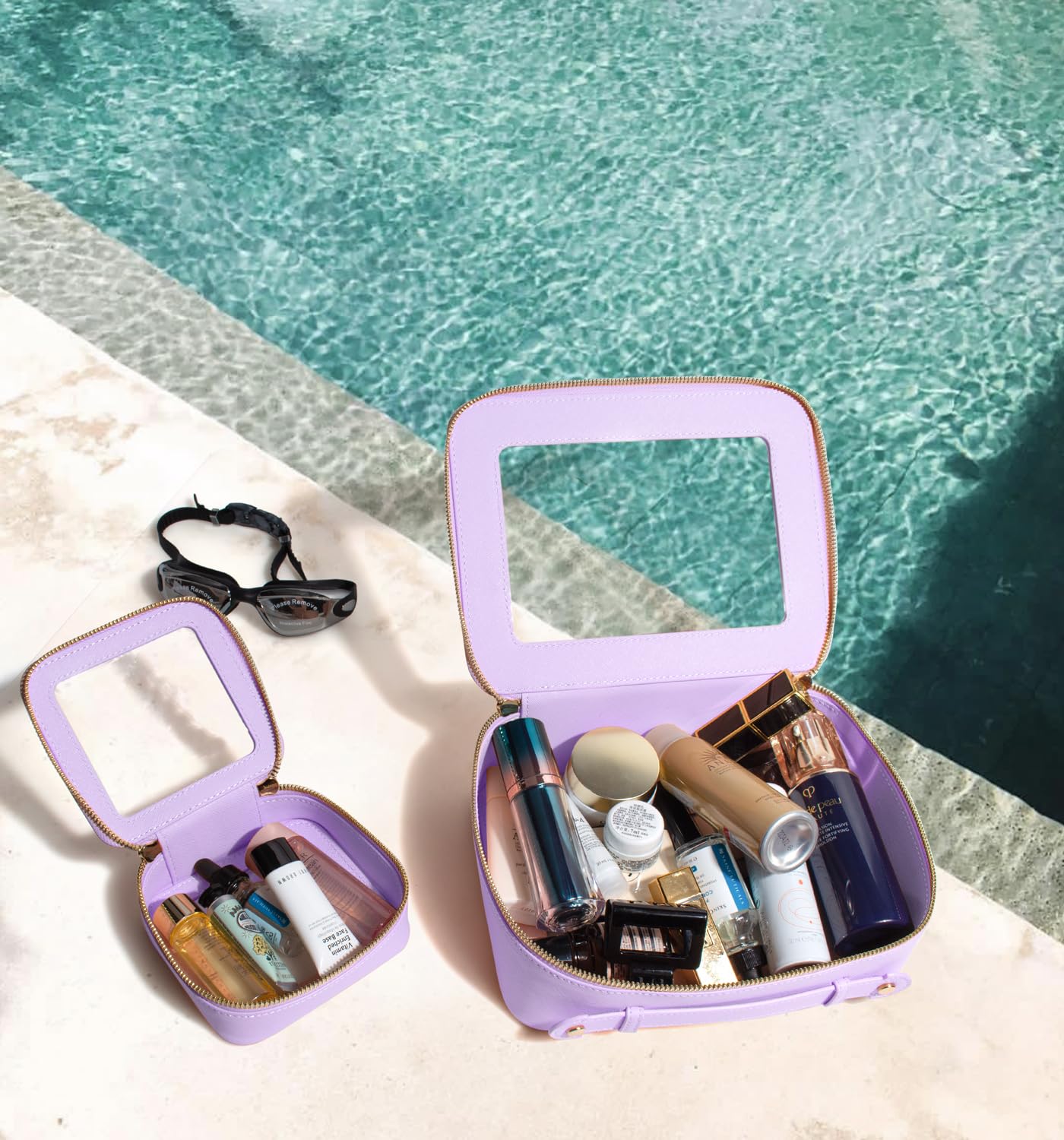 LETGO Clear Makeup Bag Organizer Set,Portable Travel Toiletry Case for Women, Vegan Leather Cosmetic Pouch Car Bag for Essentials(Mini+Large Purple)