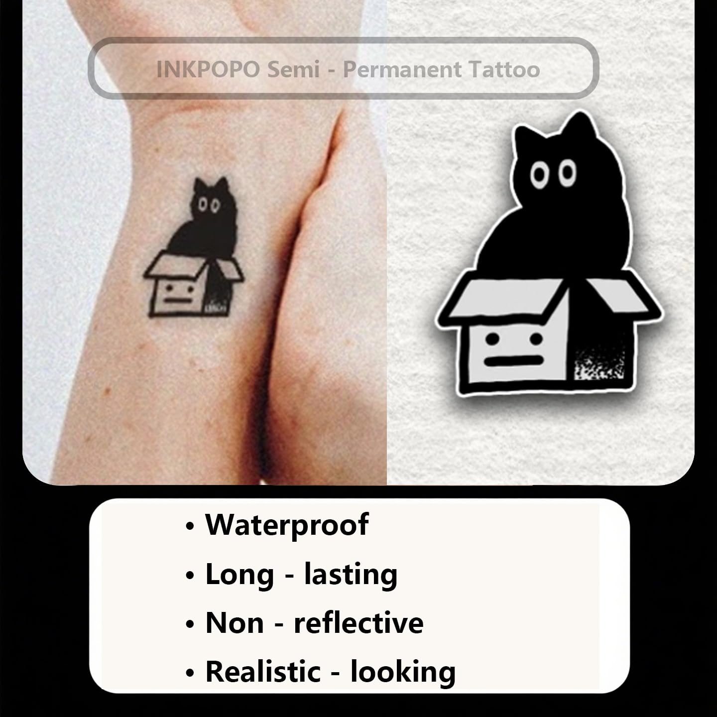 INKPOPO 3 Sheets Semi-Permanent Tattoos for Adults | 7-15 Days Longwear | Waterproof & Realistic Finish | Adult Art Temporary Tattoos | Cute Cat Series 049