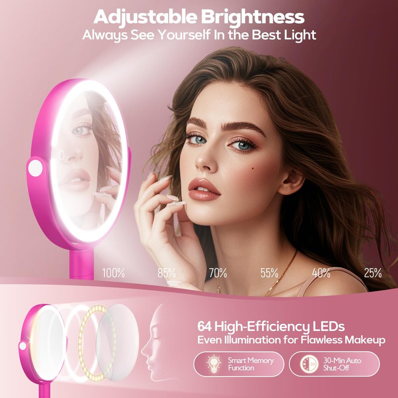 MOMOKUBA Makeup Mirror with Lights, 30X Magnifying & Height Adjustable, Lighted Magnifying Mirror with 3 Light Modes and Stepless Dimming, Vanity Mirrors for Bathroom, Birthday Gift for Women, Hotpink