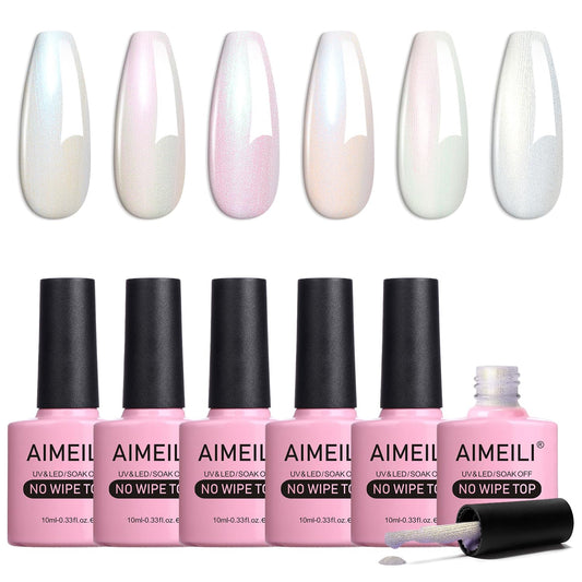 AIMEILI Gel Polish Glitter Top Coat 6 Color, Hema Free, Cruelty Free, Vegan, 2 In 1 High Glossy Shiny Pearl No Wipe Top Gel for Nail Art