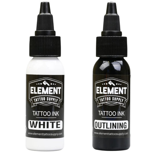 Element Tattoo Supply Tattoo Ink Set Black White Professional Solid Color for Human Skin Tattooing, Outlines, Shading, Blending, Mixing Color Supply for Artists 1oz Bottle