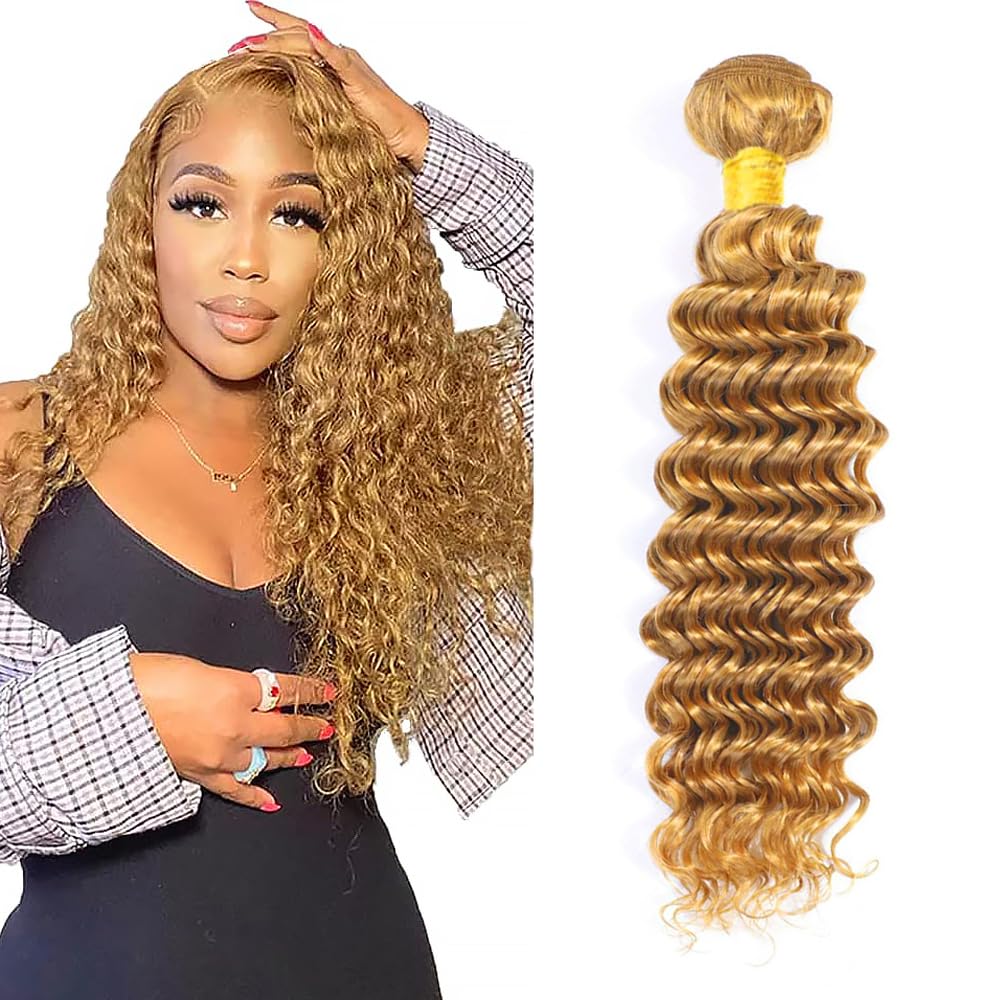 Deep Wave Human Hair Bundles Blonde 26 Inch Deep Single Bundle #27 Honey Blonde Human Hair Unprocessed Native Virgin Hair 100g Total Double Weft Crochet Human Hair Extensions for Women