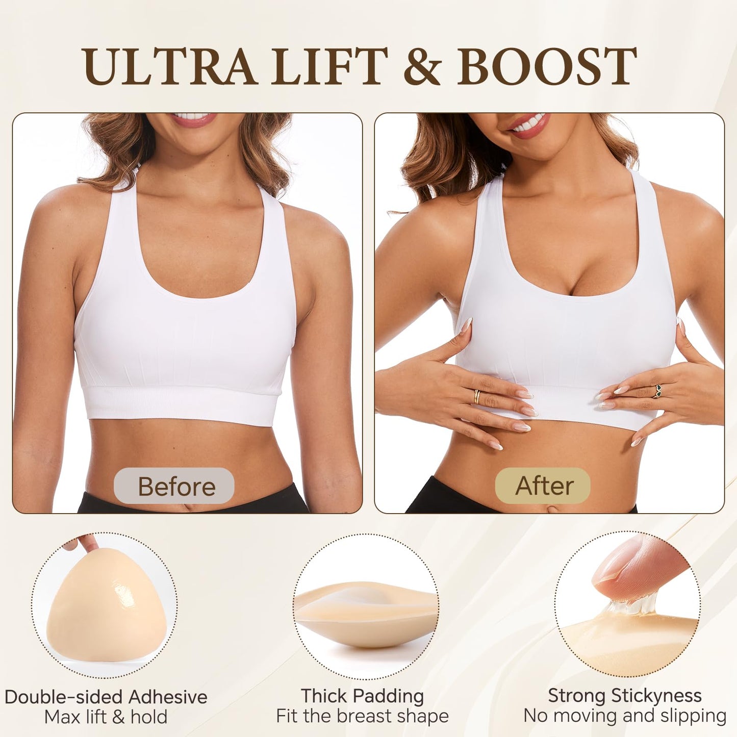 Sticky Bra Inserts, Double-sided Sticky Push Up Inserts, Reusable Bra Pad Inserts for Bikini Dress Swimsuit Sports Bra