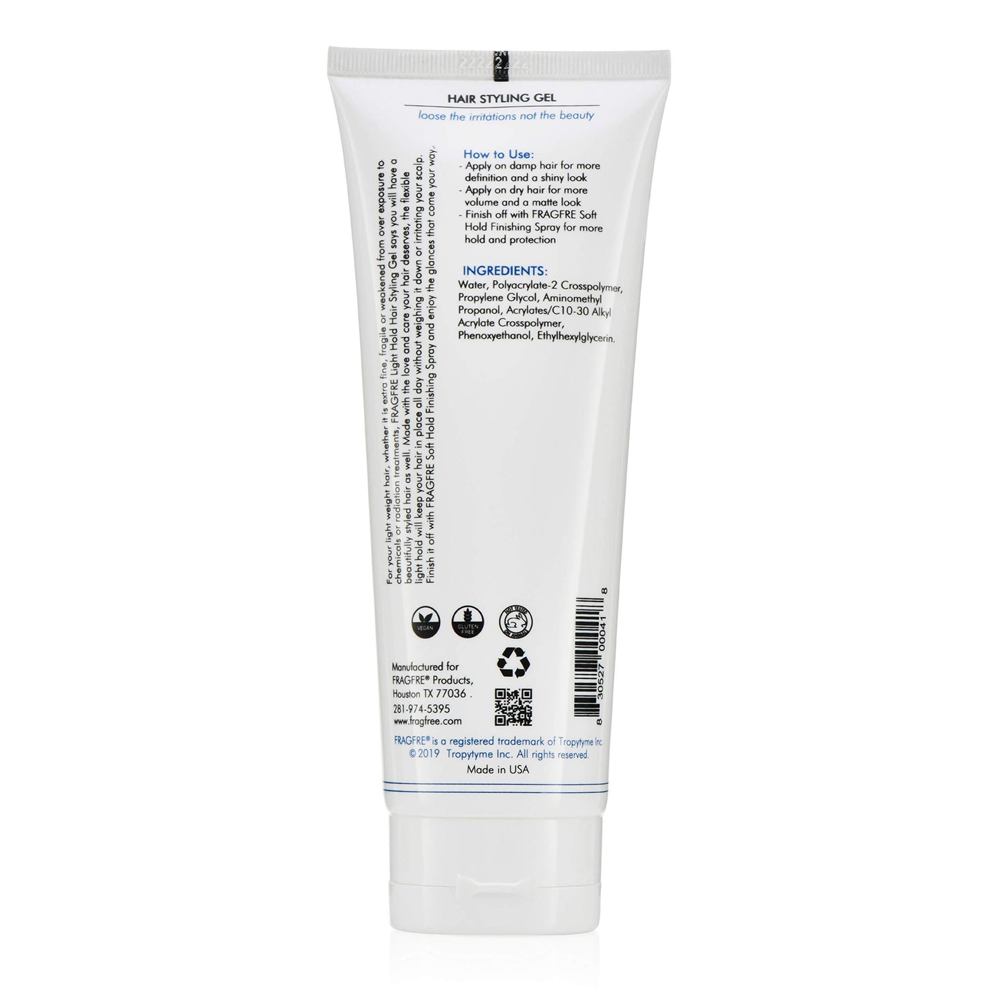 FRAGFRE Light Hold Hair Gel Fragrance Free 8 oz - Lightweight Styling Gel for Fine Fragile and Weakened Hairs - Paraben Free Hypoallergenic Sensitive Formula - Vegan Gluten Free Cruelty Free (1 Pack)