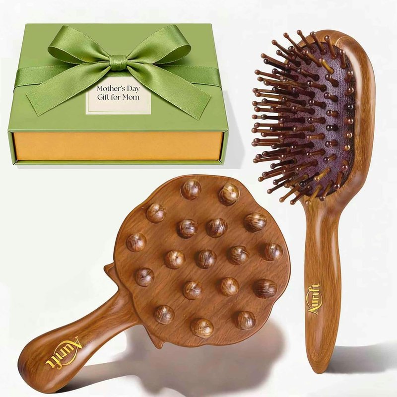 Self Care Relaxation Gift Set for Mom | Natural Wooden Massage Hair Brush & Scalp Gua Sha Tool - Stress Relief Wellness Box