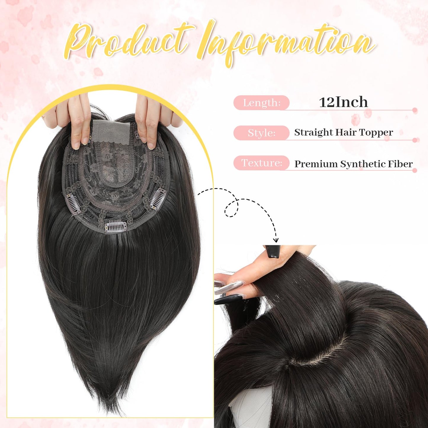 Ms Taj 12 Inch Hair Topper for Women with Thinning Hair, 6.5"x6.5" Large Base Synthetic Topper with Bangs, Fiber Wiglets Ladies Hair Pieces for Daily Wear, Work, Party-Brown Black