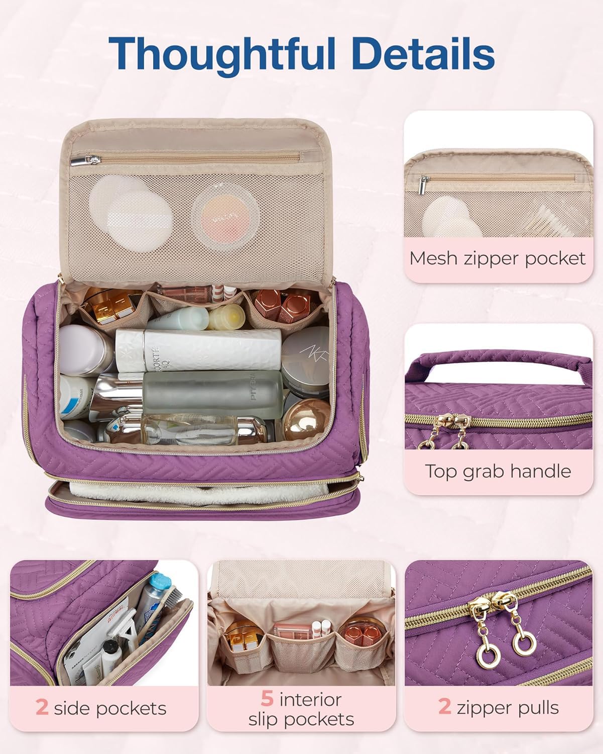 BAGSMART Travel Toiletry Bag, Large Wide-open Travel Bag for Toiletries, Makeup Cosmetic Travel Bag with Handle, Purple-Large