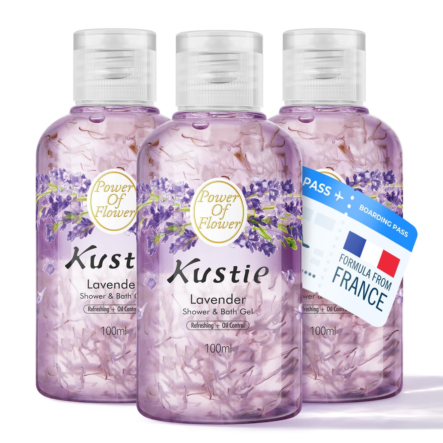 Kustie Cherry Blossom Rose Lavender Body Wash Set 33.4 fl oz TSA Travel Size Shower Gel with Real Flower Petals for Women Gift - Hydrating and Calming