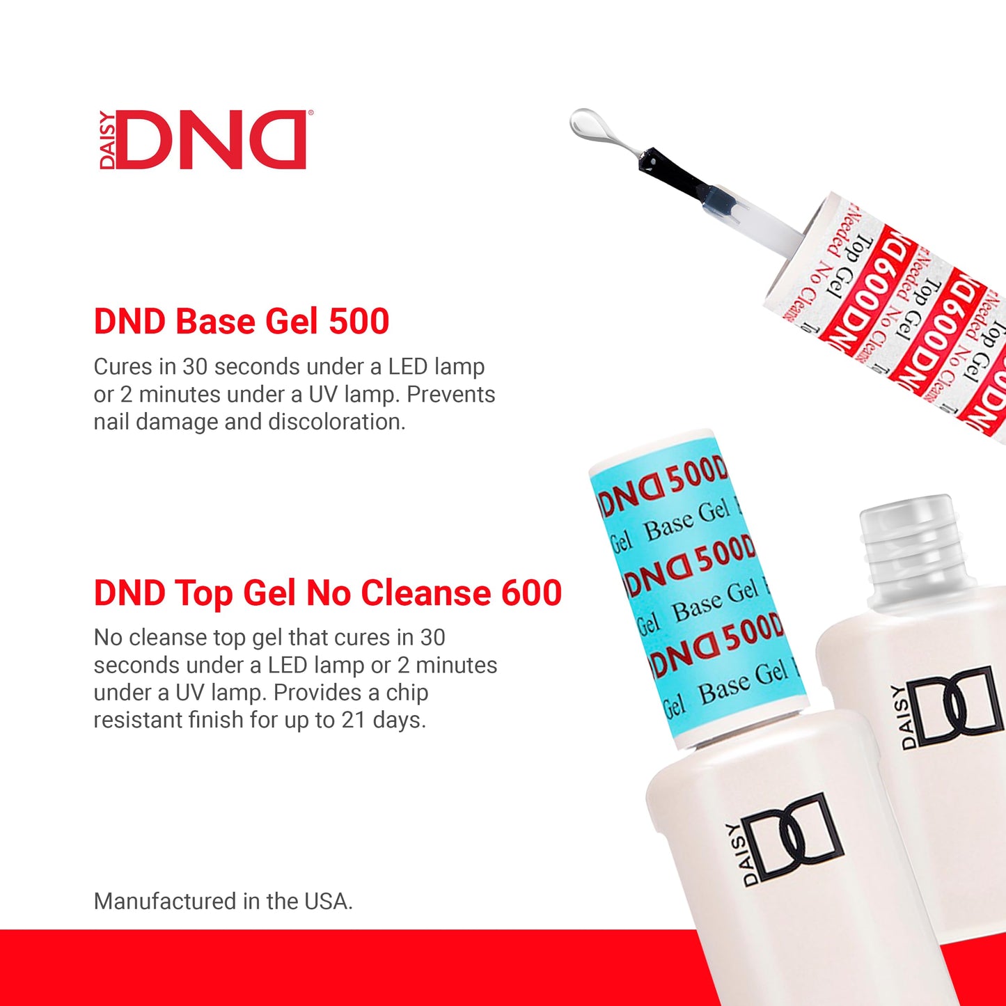 DND Base Gel and Top Gel Polish Set, UV/LED GelBase Polish and No Cleanse Top Coat, Professional Gel Polish Duo, 0.5 Fl Oz Each